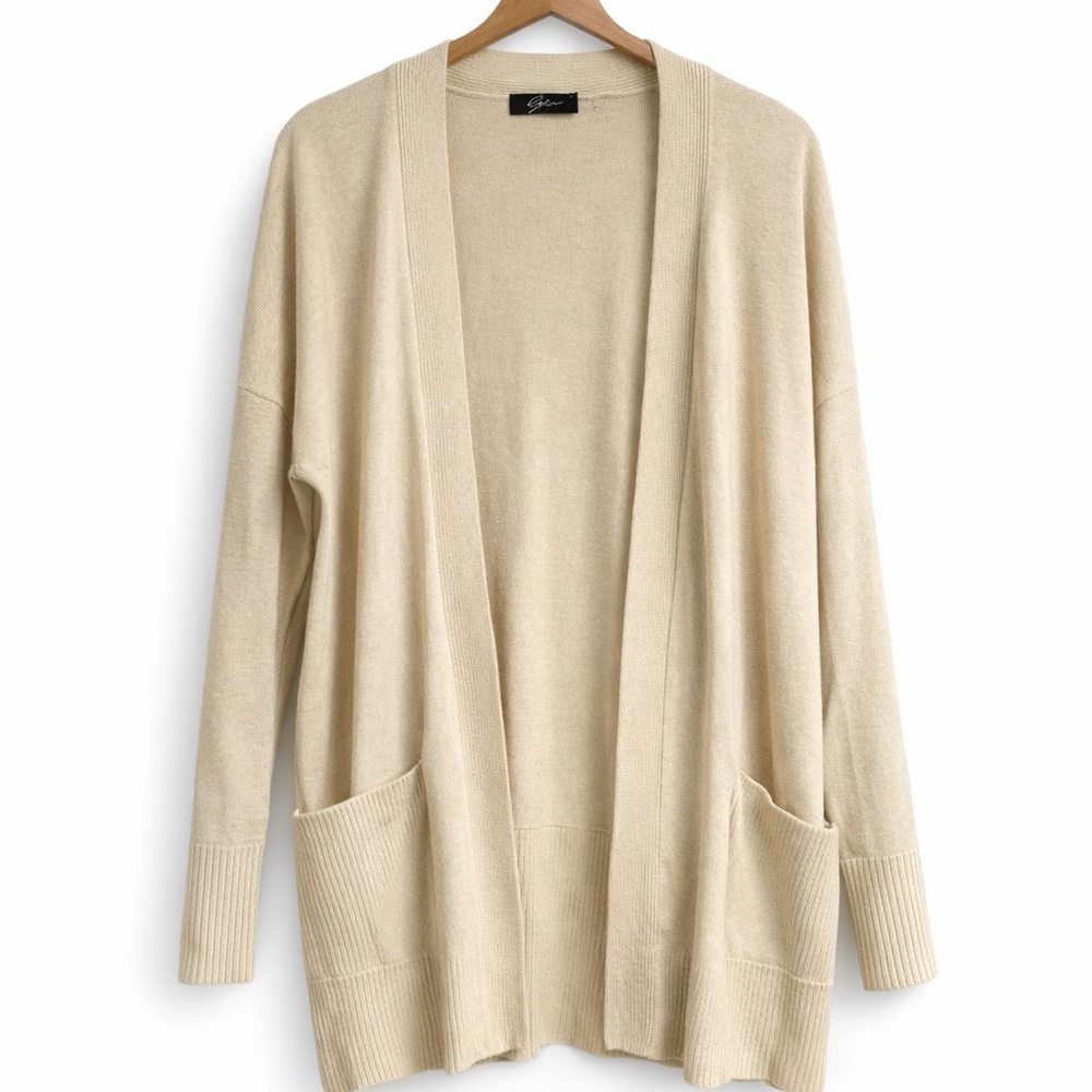 Cyrus Beige Open-Front Cardigan Shawl with Pockets | Size Medium